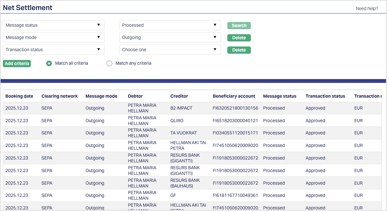 Net Settlement Maintenance