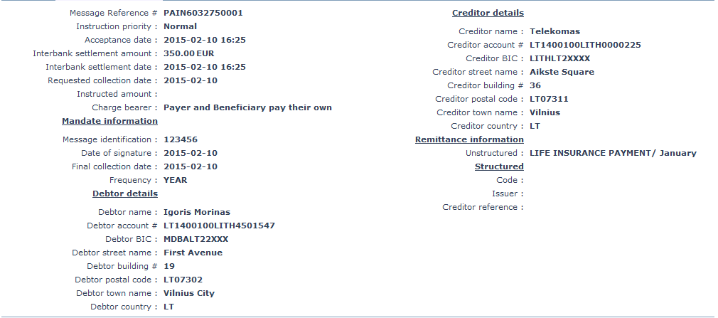 Direct Debit Information_View screen